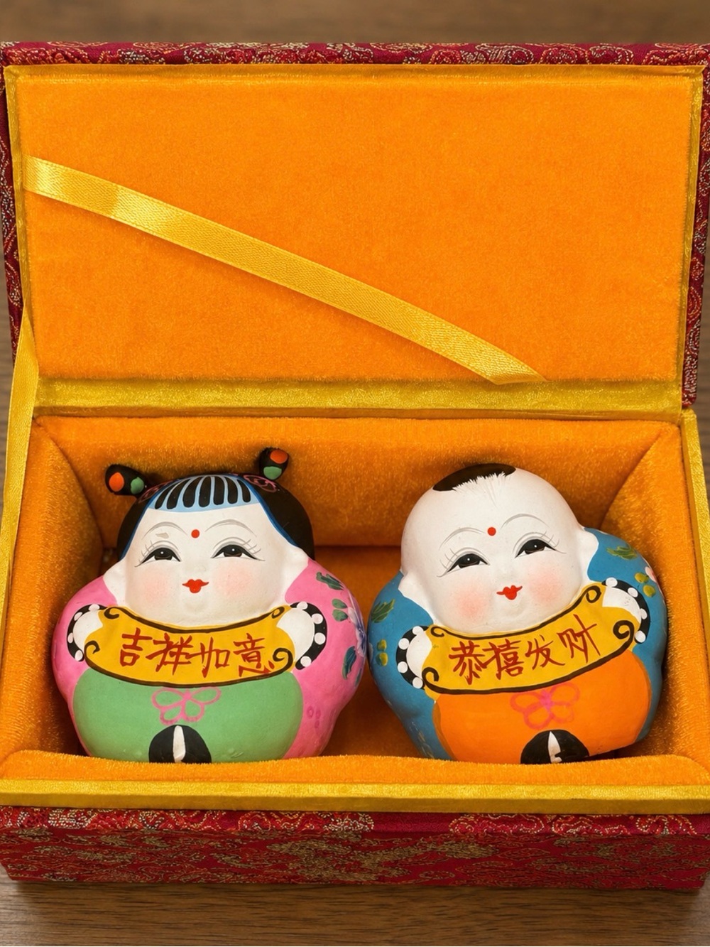 vintage pair of Chinese Huishan (Wuxi) hand-painted clay “A Fu” (大阿福) figurines